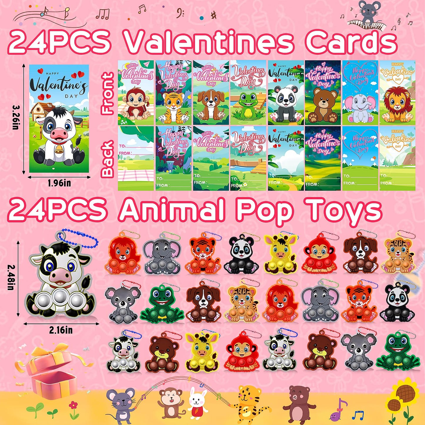 24 PACK Valentines Day Gifts for Kids,Valentines Cards for Kids Classroom with Animals Pop Fidget Toys,Valentines Exchange Gifts
