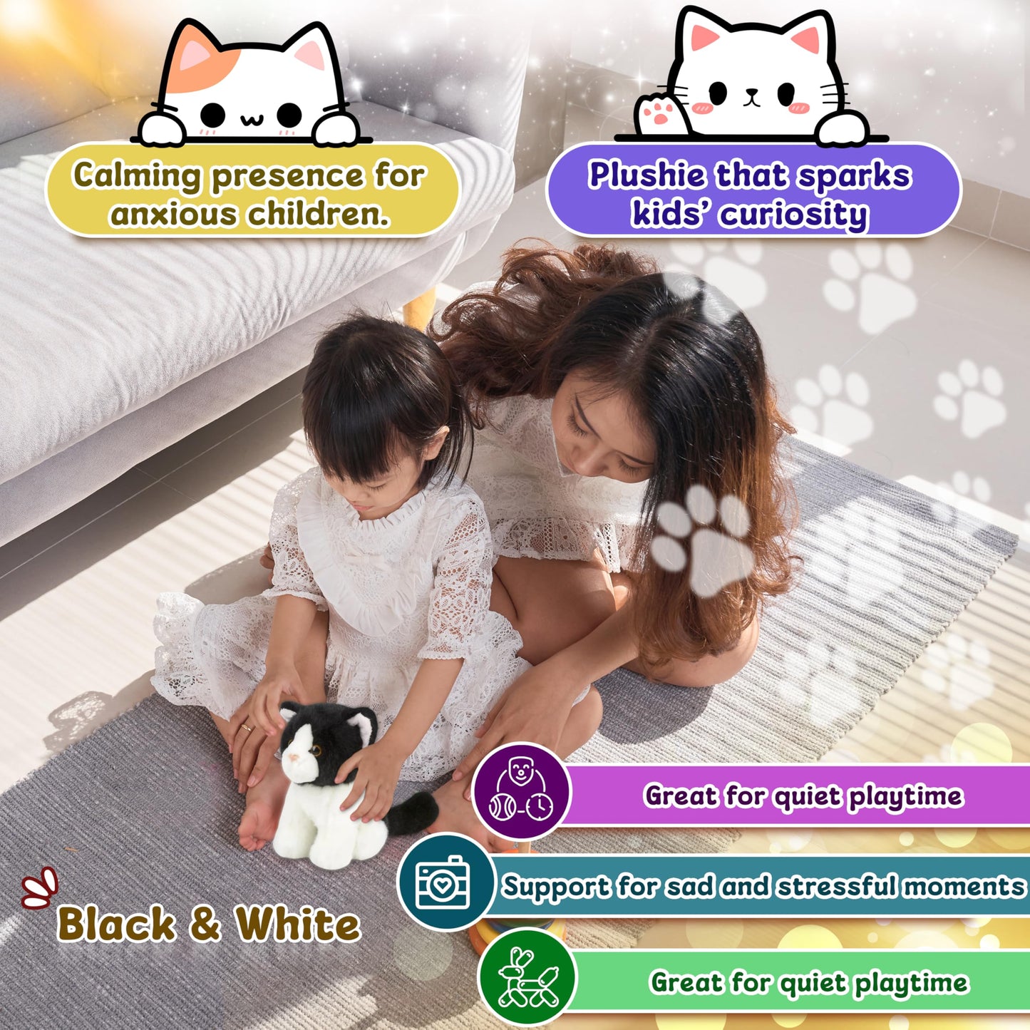 Forest & Twelfth 6'' Stuffed Black & White Cat, Soft Plush Toy, Cute Stuffed Animal For Boys And Girls, Realistic Looking Small