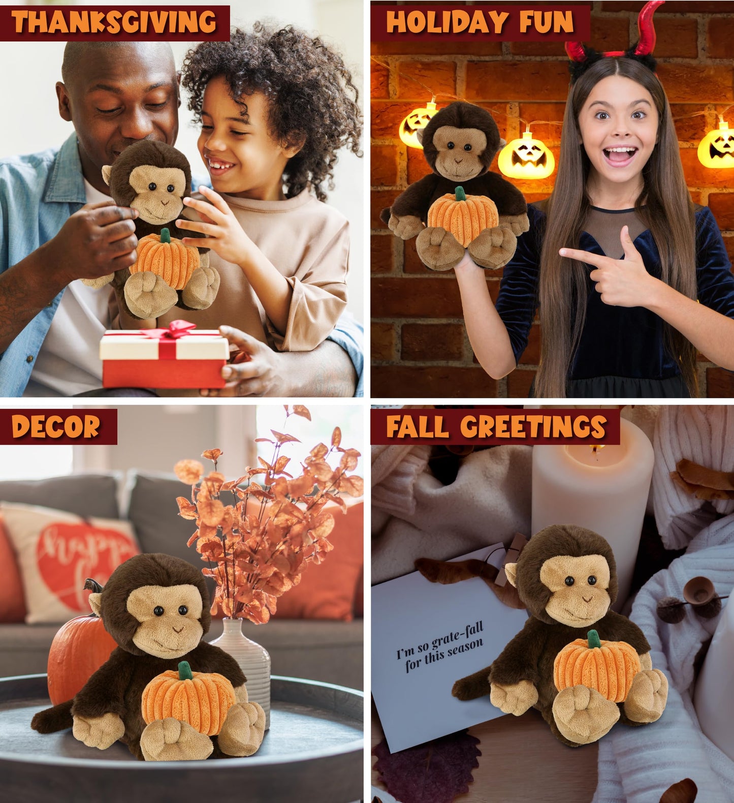 DolliBu Super Soft Brown Monkey Stuffed Animal with Cute Pumpkin Decor Cute Plush Monkey Animal for Fall  Halloween and Thanksgiving  Pumpkin Toy for Baby  Kids  mature-themeds 9 Inches