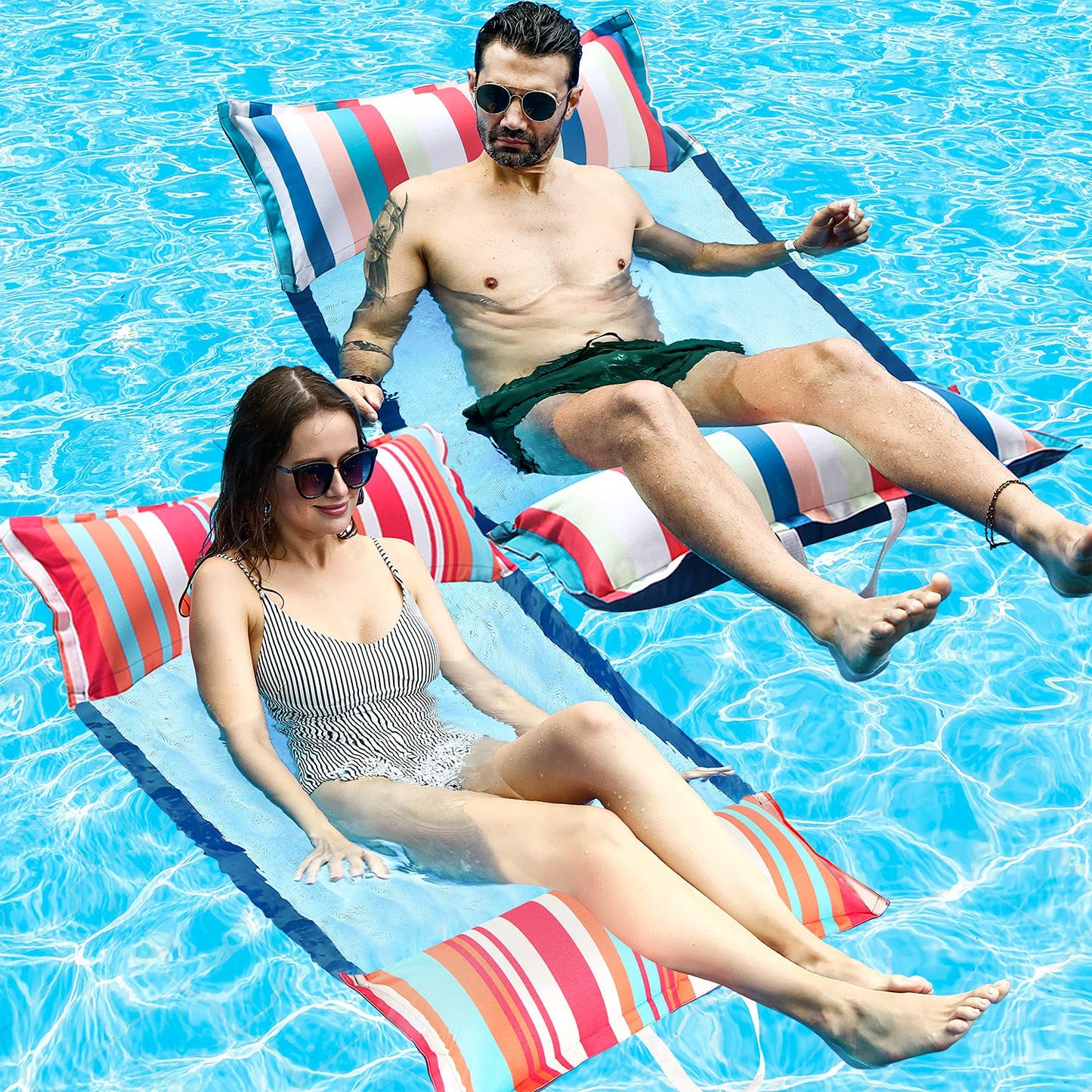 FindUWill Pool Floats mature-themed with Fabric Headrest  2-Pack Pool Float 4in1 (Saddle  Lounge Chair  Hck  Drifter)  Inflatabale Floaties Toys for Pool Party  Poolside Party  Beach Vacation