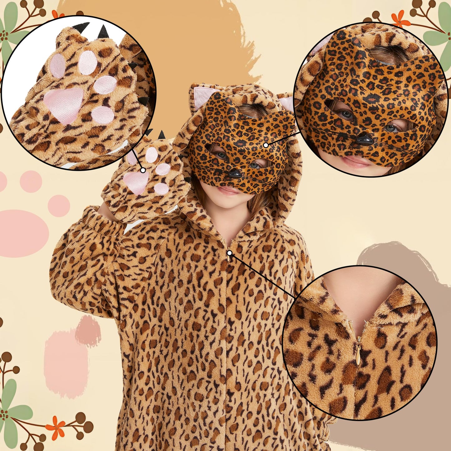Ezuwail Cheetah Costume Kids Leopard Costume Gloves Mask Cheetah Onesie Bodysuit Cosplay for Girls Boys