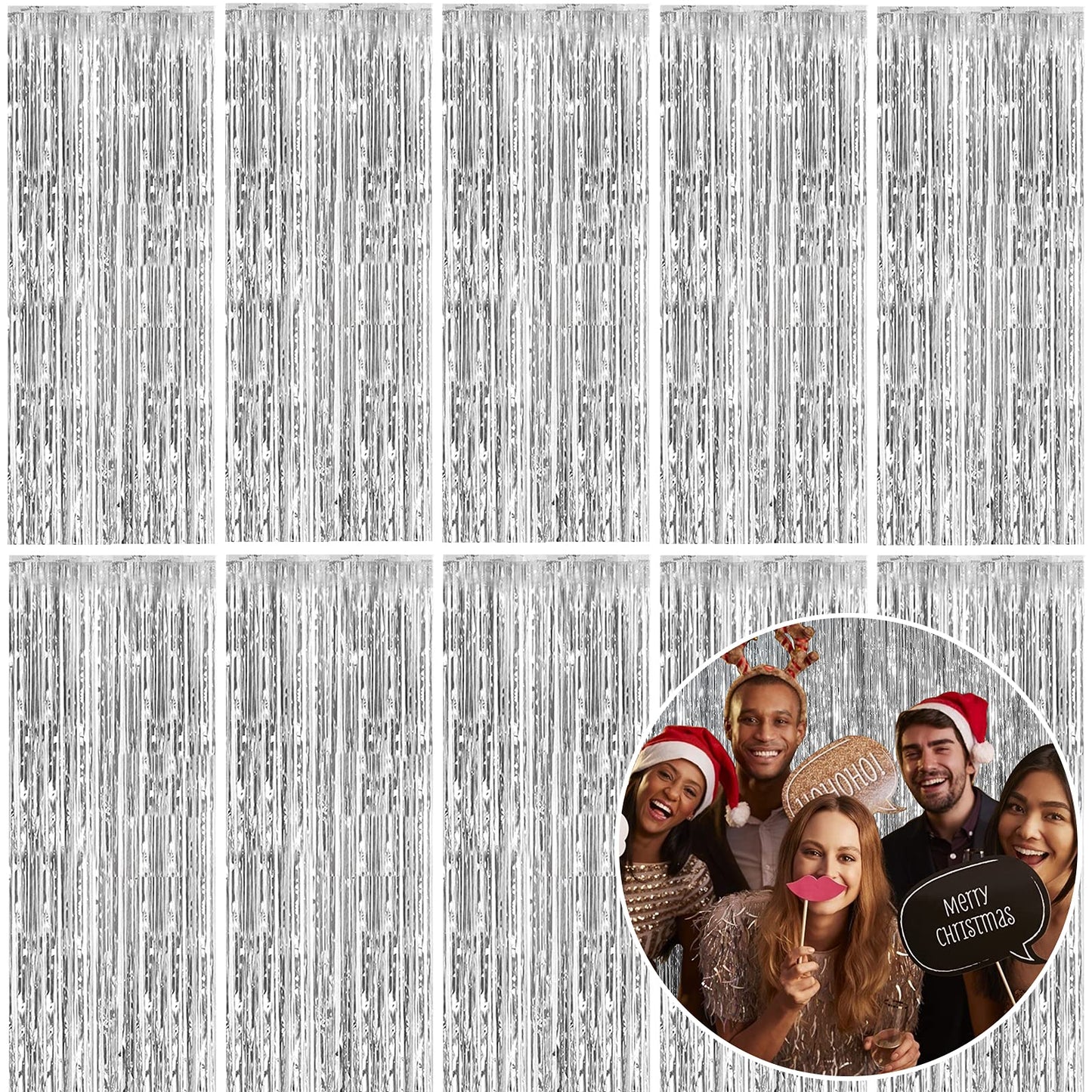 10 Pack Foil Curtain Backdrop Silver Metallic Tinsel Foil Fringe Curtains Photo Booth Props for Birthday Wedding Engagement Baby