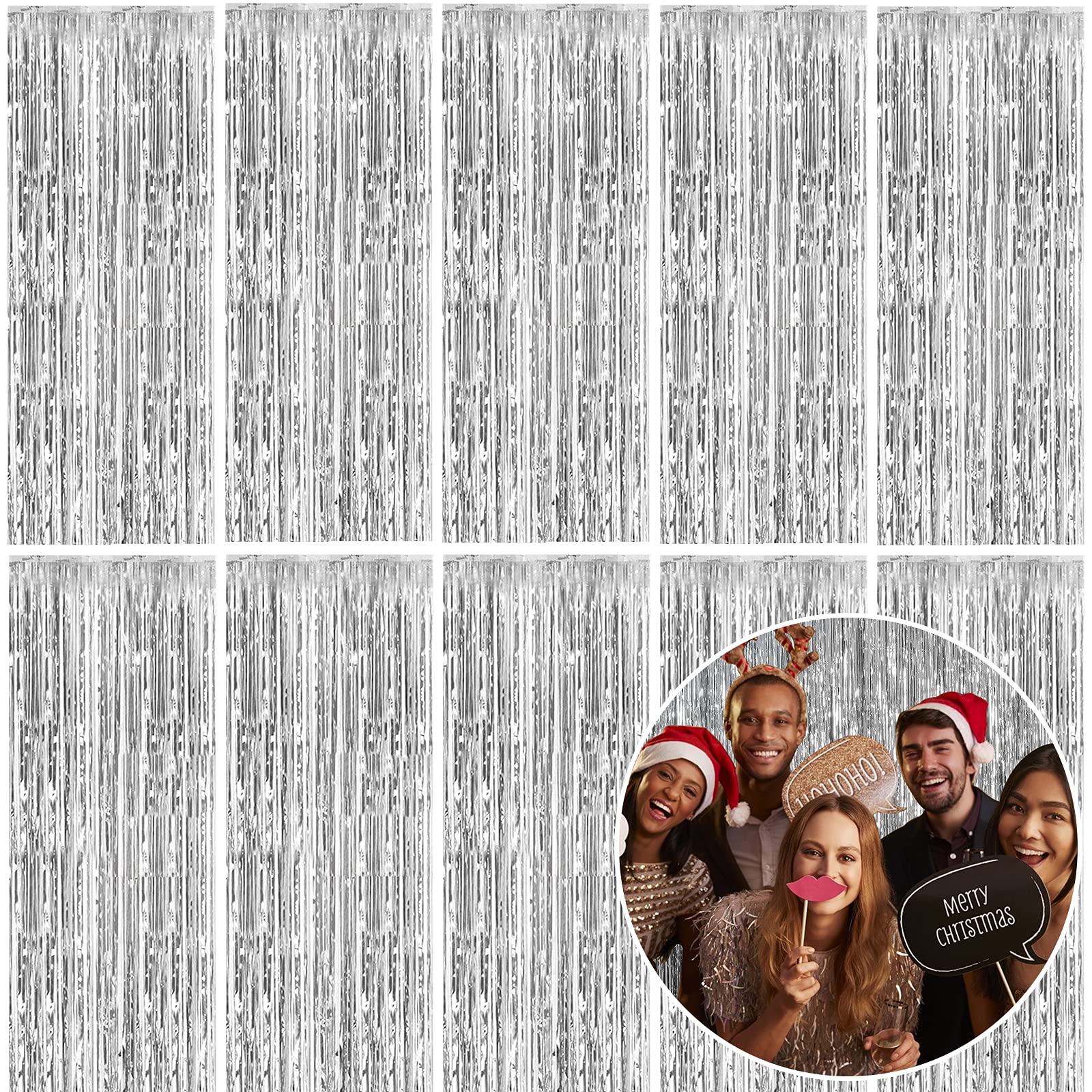 10 Pack Foil Curtain Backdrop Silver Metallic Tinsel Foil Fringe Curtains Photo Booth Props for Birthday Wedding Engagement Baby