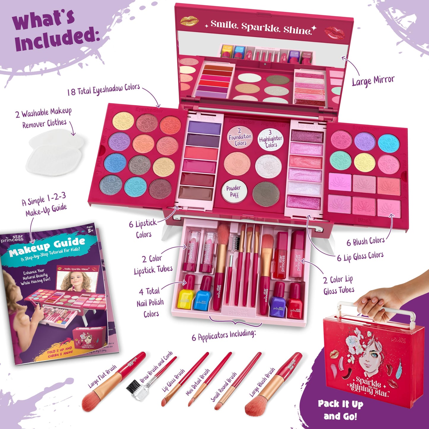 Kids Makeup Kit For Girls - Non-Toxic Real Washable Make Up Set For Little Girls - Pretend Play Toy Birthday Gift Idea For Girl
