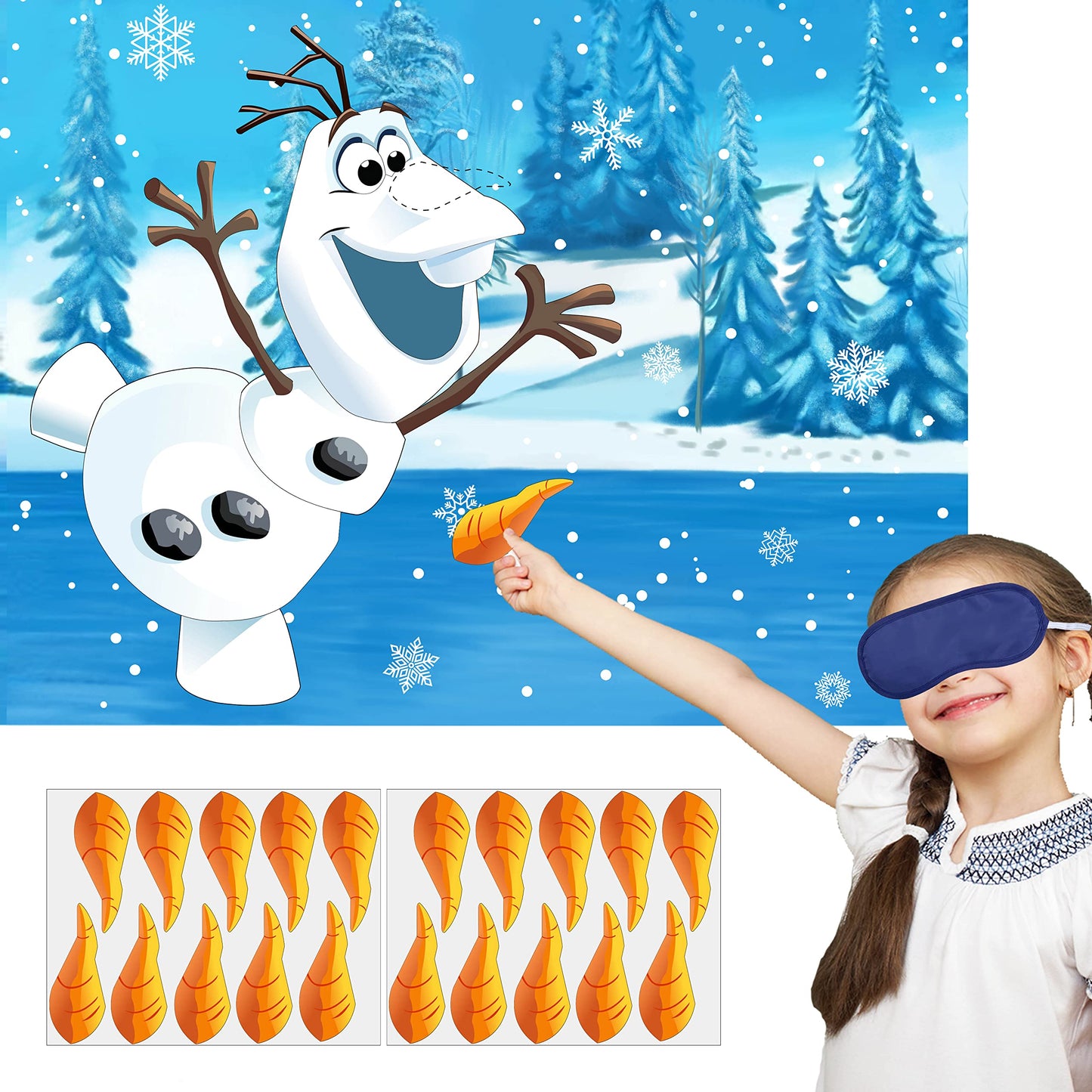 Hrency Pin The Nose on The Olaf Game for Kids Christmas Party Game for Kids Olaf Pin Game with Reusable 24Pcs Nose Stickers Birt
