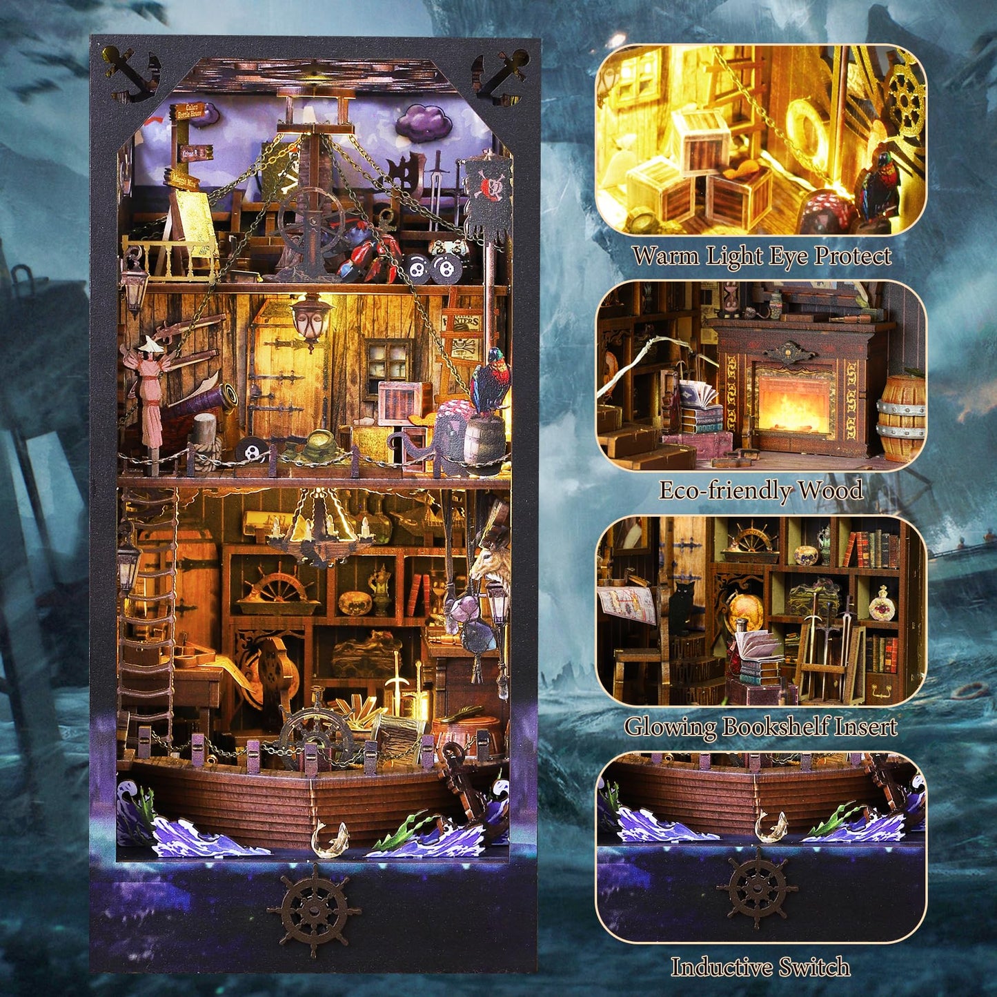 Criolpo Book Nook Kit-Diy Doll House 3D Wooden Puzzle Book Nook With Sensor Led Light, Ideal For Bookshelf Insert Decor And Halloween Crafts(Aden)