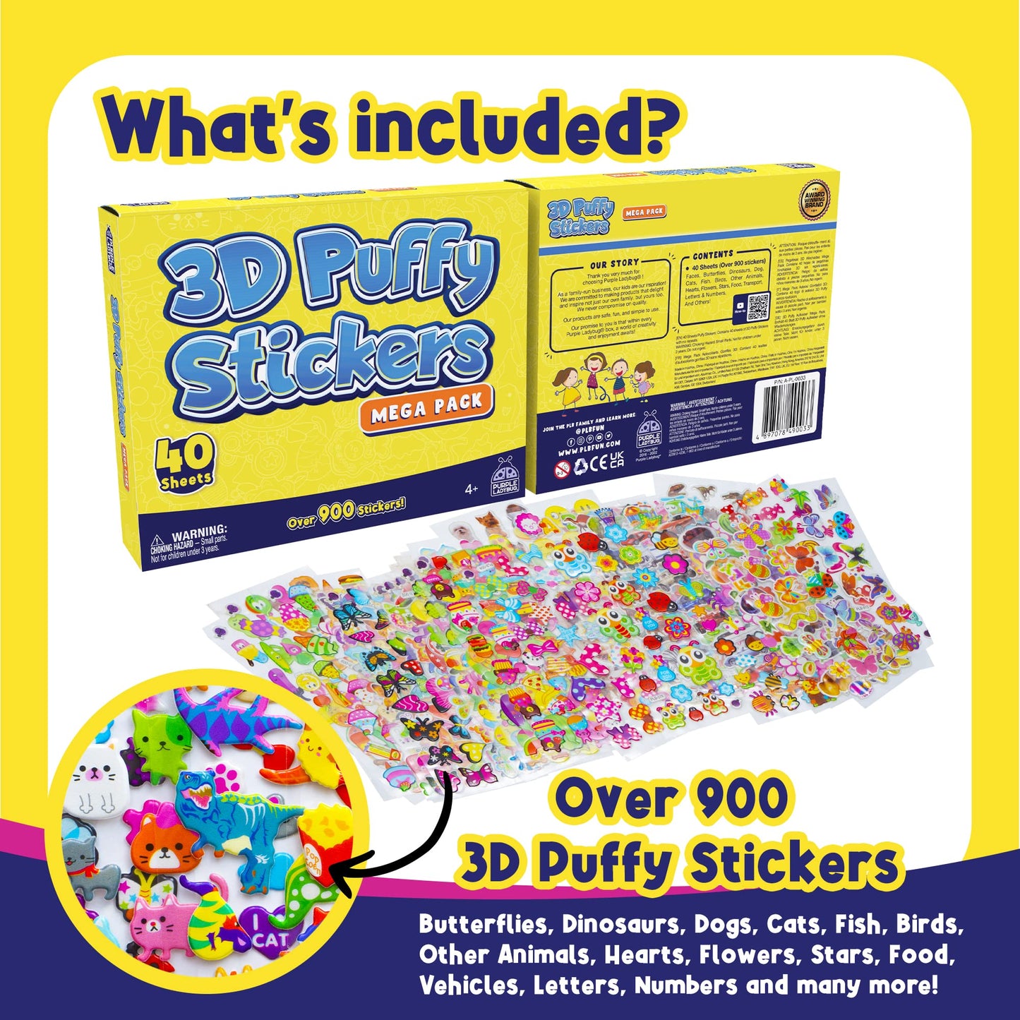 Purple Ladybug 3D Puffy Stickers For Kids - 40 Sheets, 950+ Foam Stickers For Toddler Girls & Boys - Fish, Animals, Alphabet, Cars, Dinosaurs & More