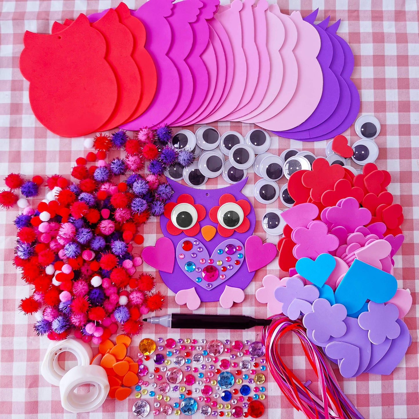 Winlyn 24 Sets Valentine Decorations DIY Heart Owl Ornaments Valentine Craft Kit Valentine Owl Art Sets Hearts Foam Valentine St