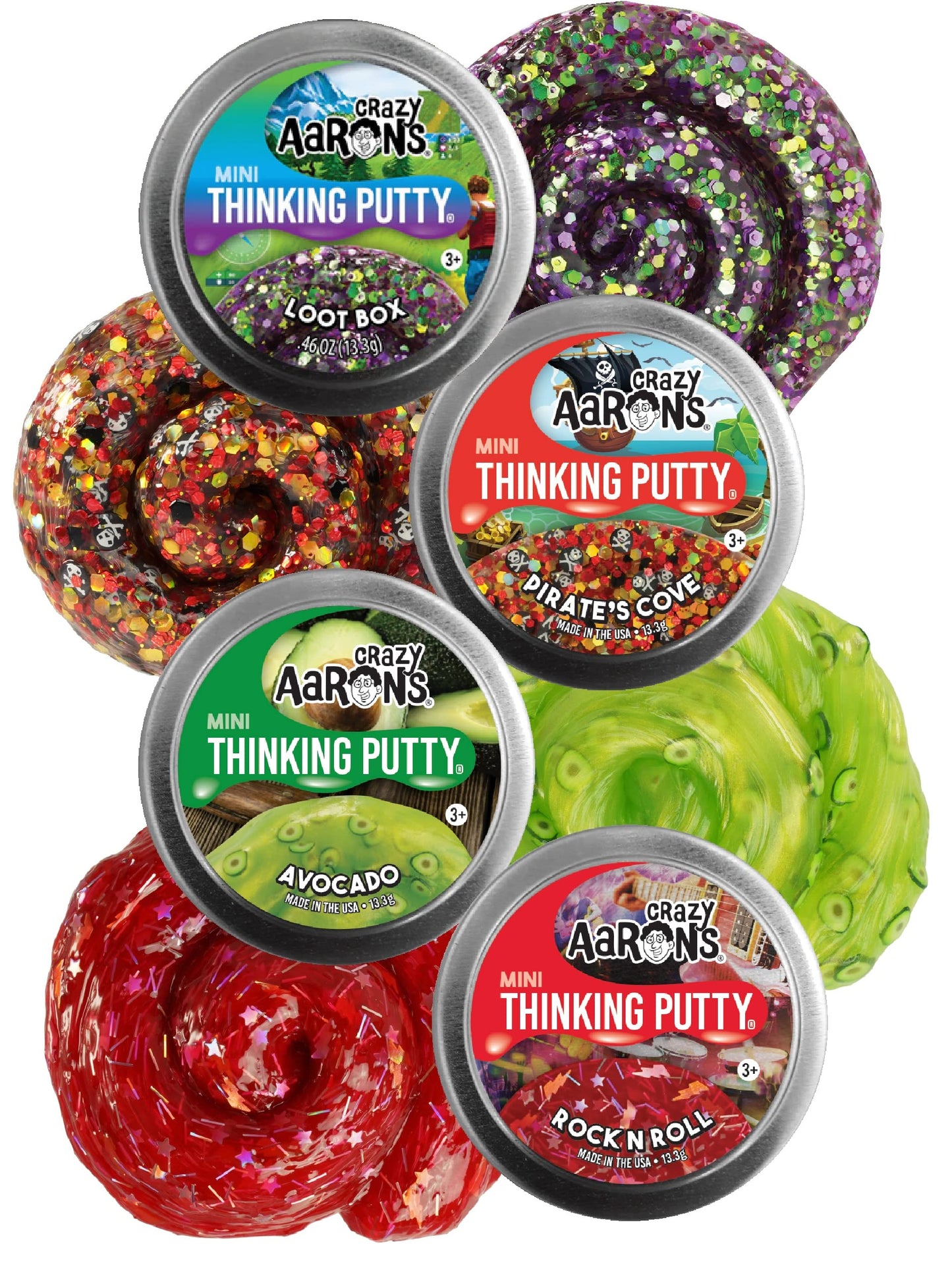 Crazy Aaron'S Putty Mini Tins Loot Box, Rock N' Roll, Pirate'S Cove & Avocado Gift Set Bundle - 4 Pack (13.3G Each)