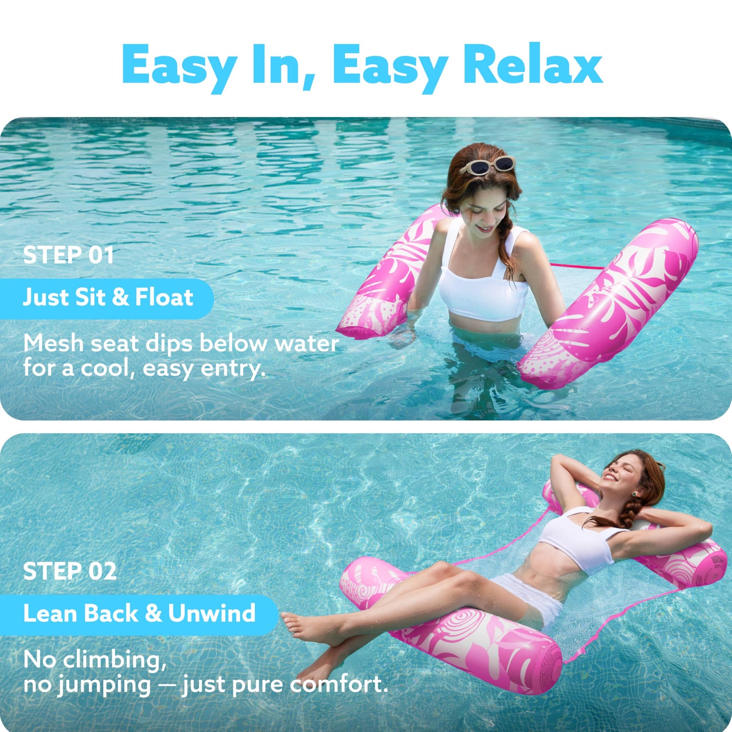 Sloosh Hammock Pool Floats Adults, 4-In-1 Multi-Purpose Inflatable Pool Floaties Pvc Water Hammock Lounge (Tropical Leaves-Pink)