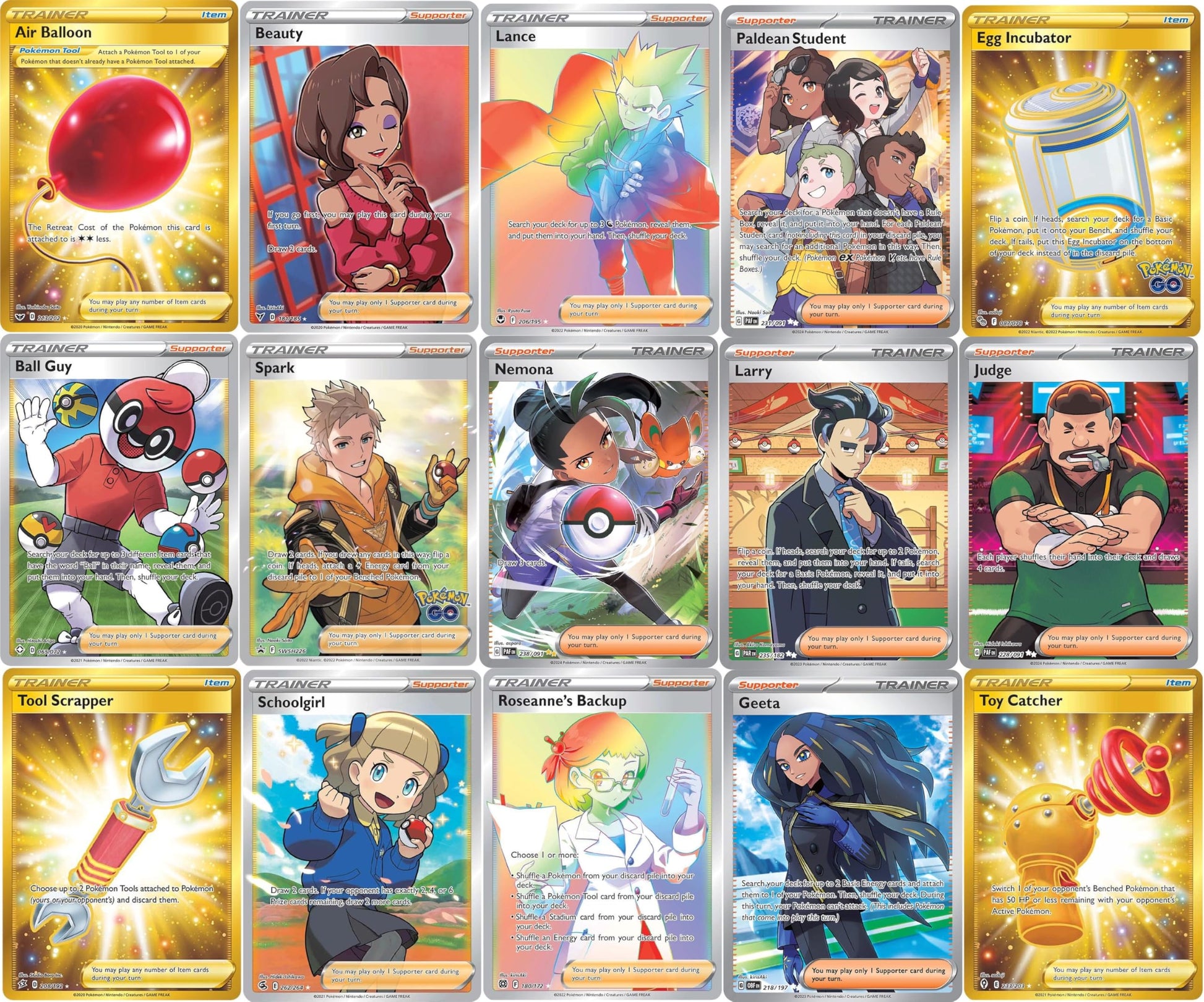 Pokemon 5 Full Art Trainer Card Lot - X1 Secret Rare  X4 Full Art Etched Cards - No Duplicates