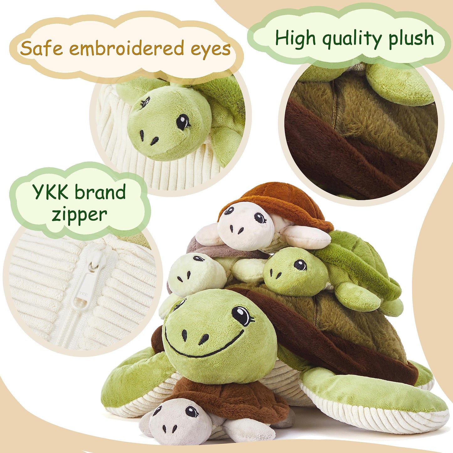 Ikasa Mommy Sea Turtle Stuffed Animal Mom And Baby Plush Toy, Cute 15' Soft Small Mama Family Set With Little Babies,Gifts For Kid (Sea Turtle)
