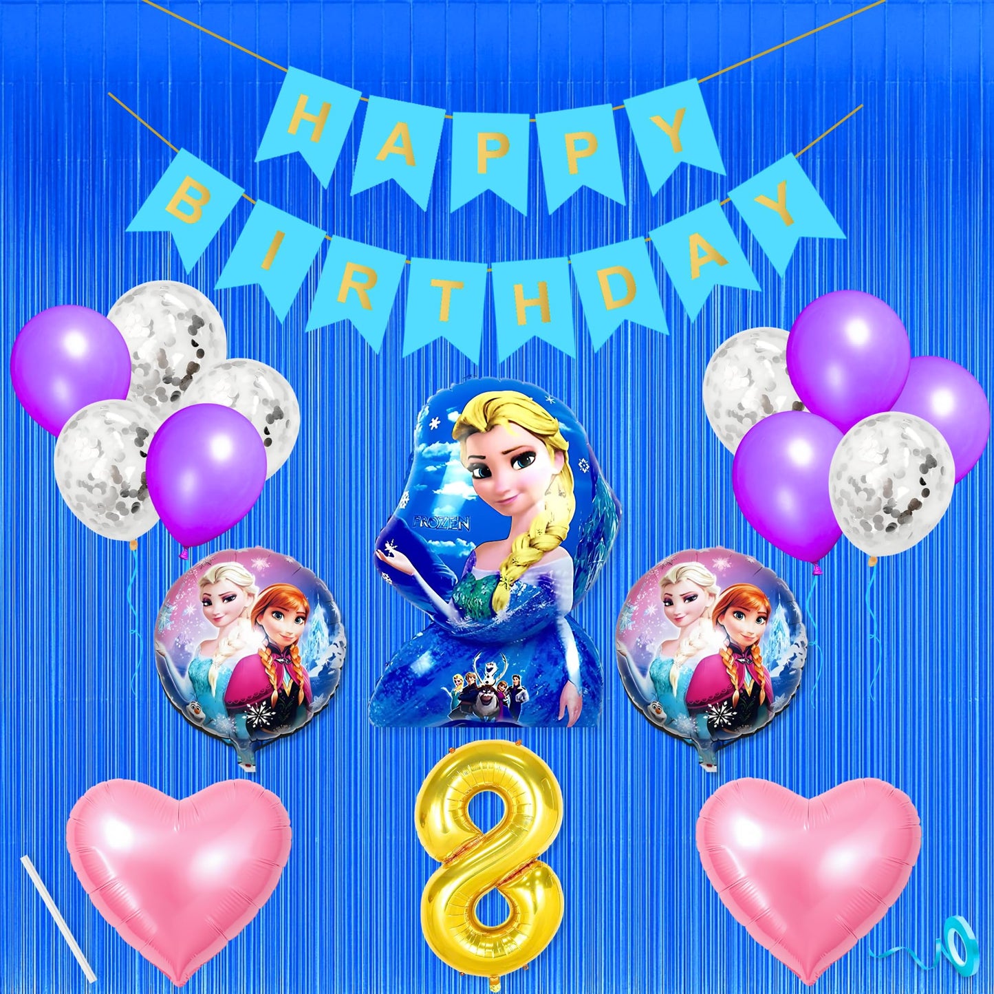 8Th Frozen Theme Happy Birthday Banner Decoration Kit Combo Sky Blue For 8 Year Old Baby Boys Girls Kids 5 Pc Elsa Anna Theme 10