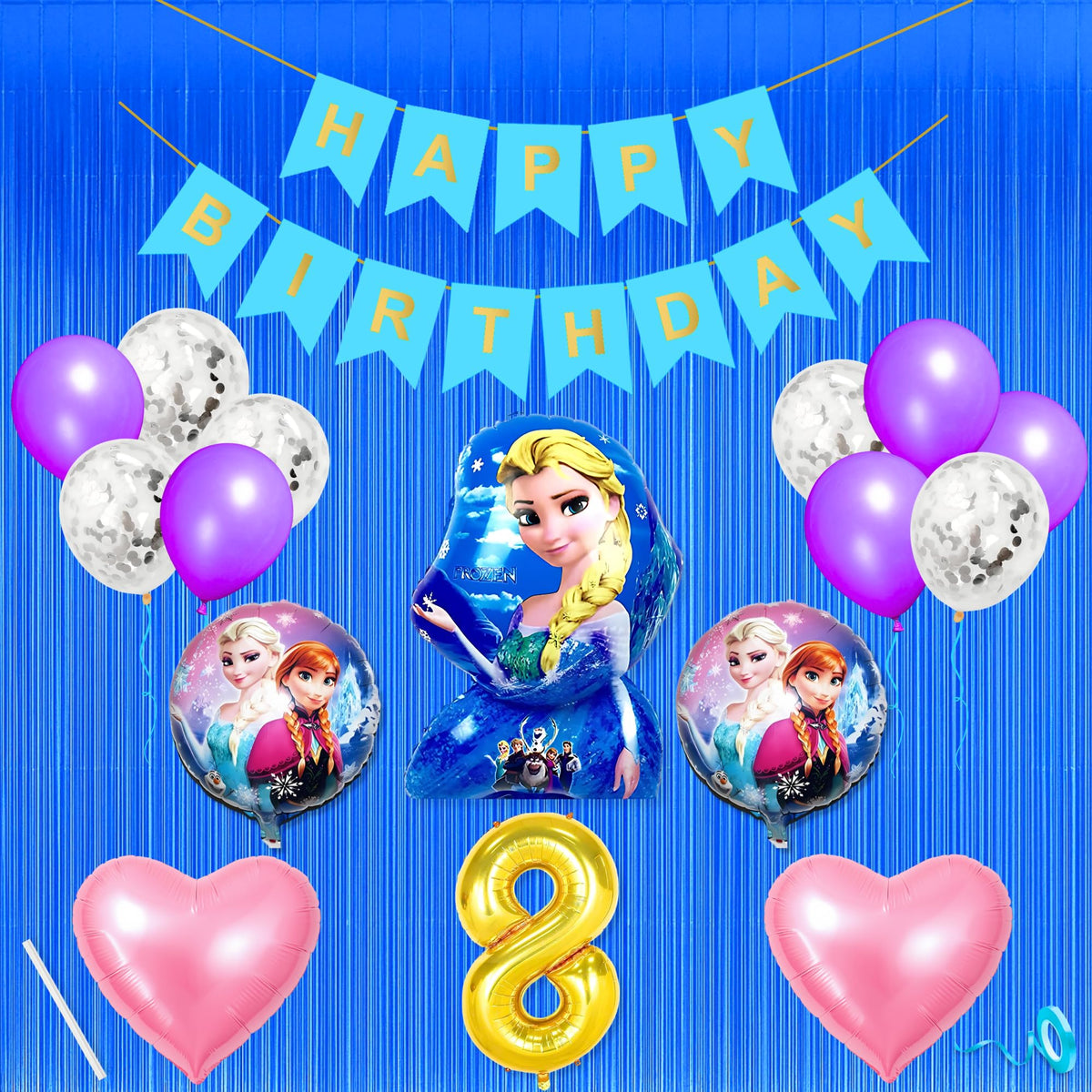 8Th Frozen Theme Happy Birthday Banner Decoration Kit Combo Sky Blue For 8 Year Old Baby Boys Girls Kids 5 Pc Elsa Anna Theme 10