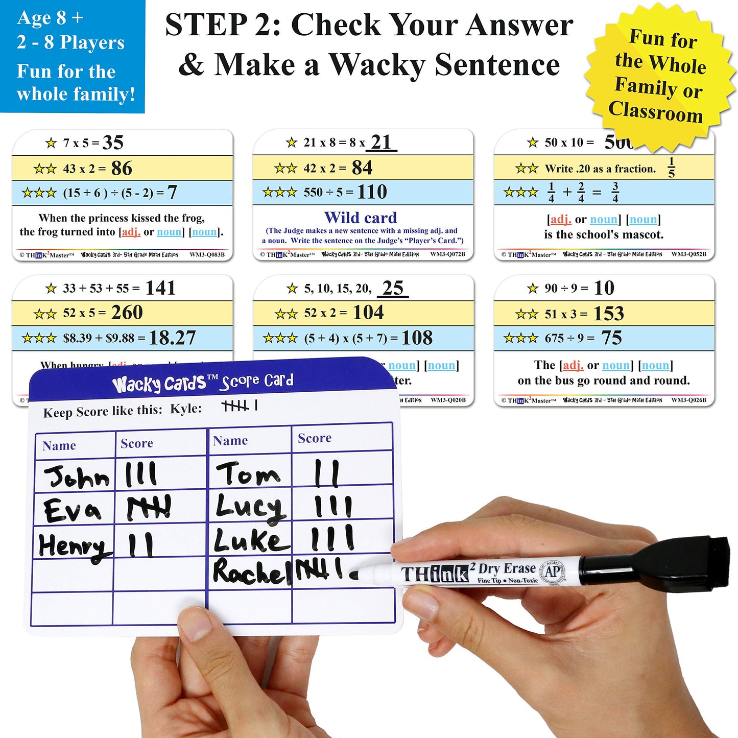 Think2Master Wacky Cards 3rd - 5th Grade. Math Card Game for Families & Classroom. Make Hilarious Sentences While Practicing Mat