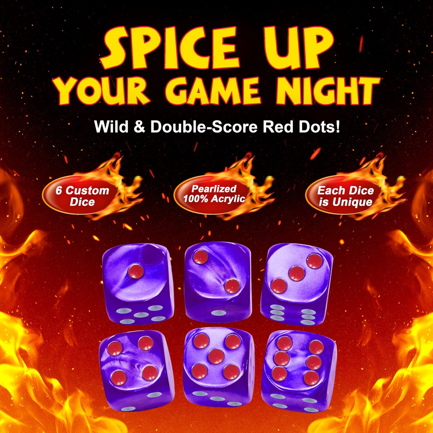 Spicy Dice Purple: The Ultimate Family Dice Game - Pearlized Colored Dice With Cheat Sheet And Silkscreened Pouch For Strategic