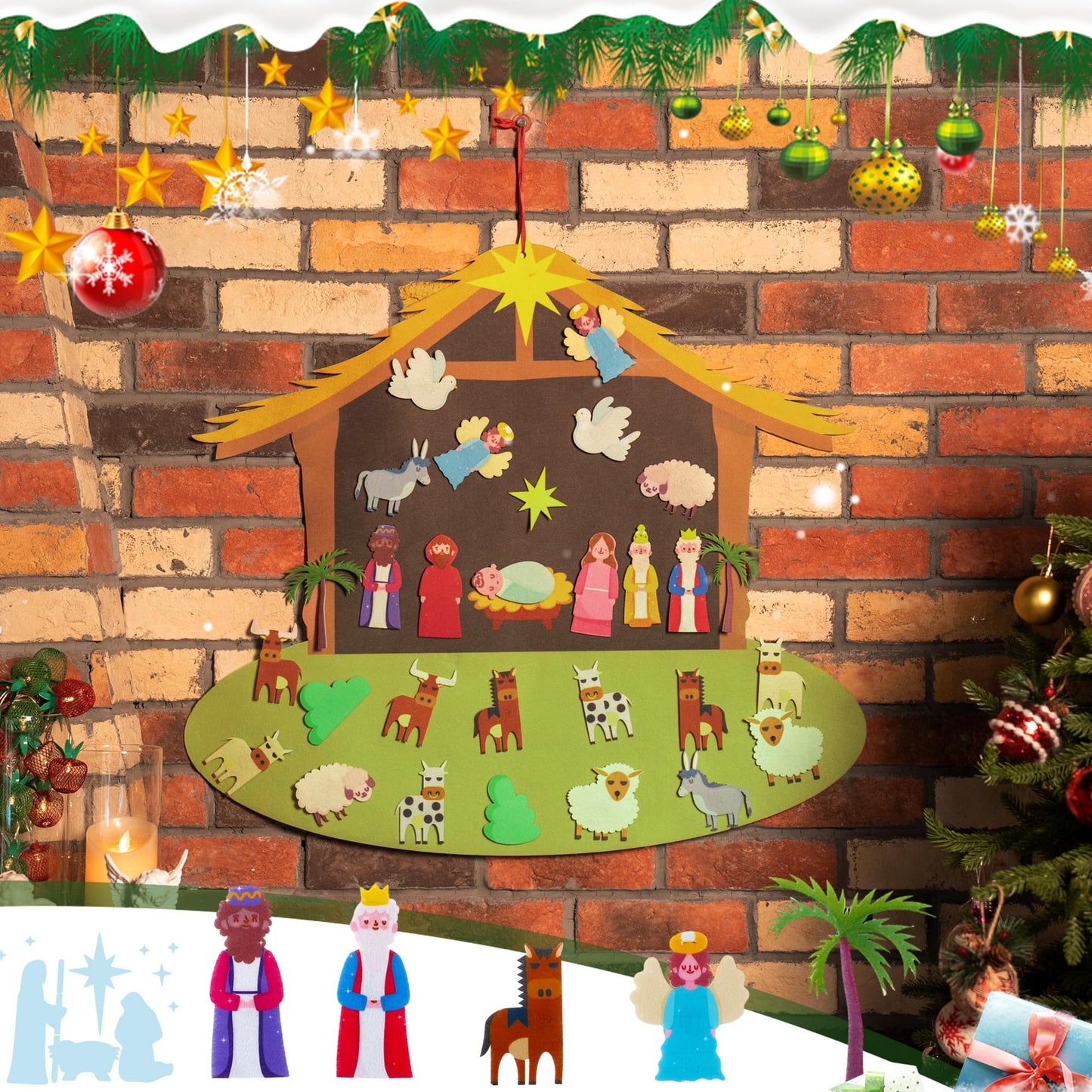 Enhon DIY Felt Christmas Tree Set with 29 Detachable Ornaments, Nativity Advent & Wall Hanging Decor