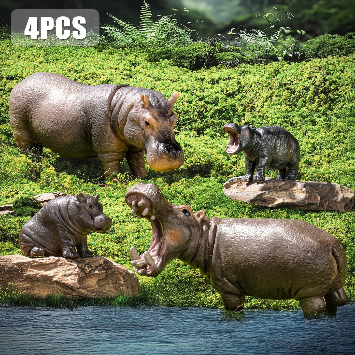 Safari Hippo Animals Toys  4PCS Plastic Wild Animals Family Figures Toy for Kids Ages 3-5 Includes Hippopotamus and Cubs  Cake Toppers Birthday Gift Party Favors for Boys Girls