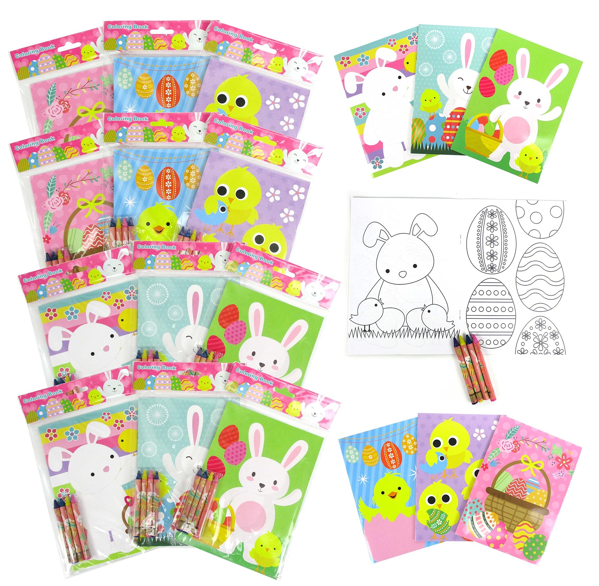 TINYMILLS Easter Coloring Books with Party Favors with 12 Books and 48 Crayons,Easter Prizes, Favor Bag Easter Basket Filler