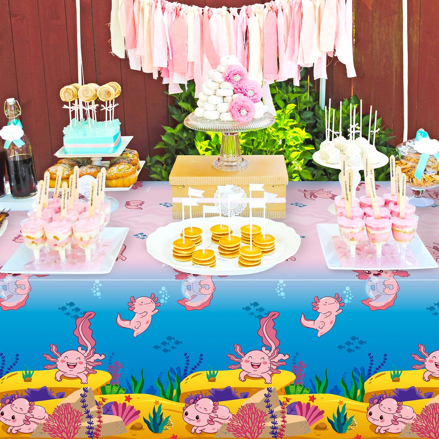 Bkeecten 3Pack Pink Cartoon Axolotl Party Table Cover Reptile Animals Waterproof Disposable Tablecover Plastic Rectangle Tablecl