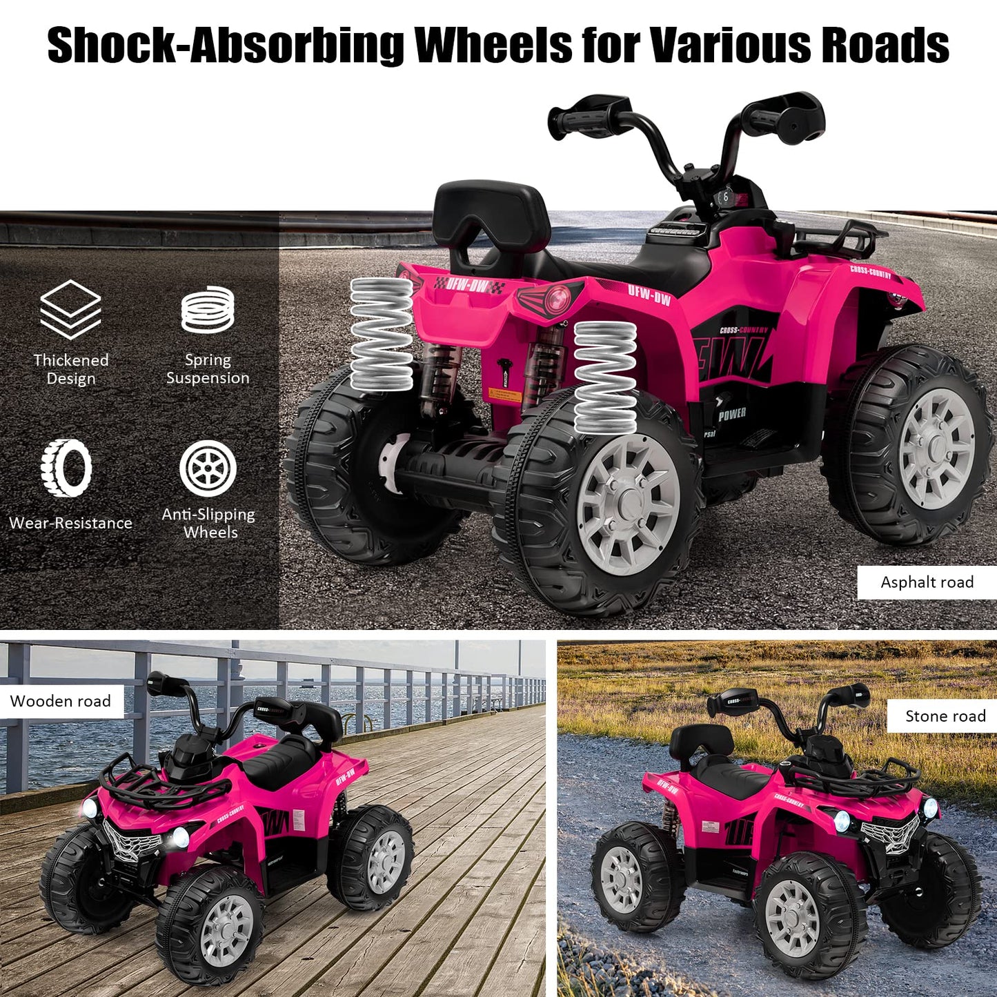 Costzon Kids Atv, 12V Four Wheeler Quad Electric Vehicle W/Forward/Backward Function, 2 Speeds, Music, Headlights, Storage Basket & Backrest, Toddler 4 Wheeler Toy Car For Boys Girls 3+ (Pink)