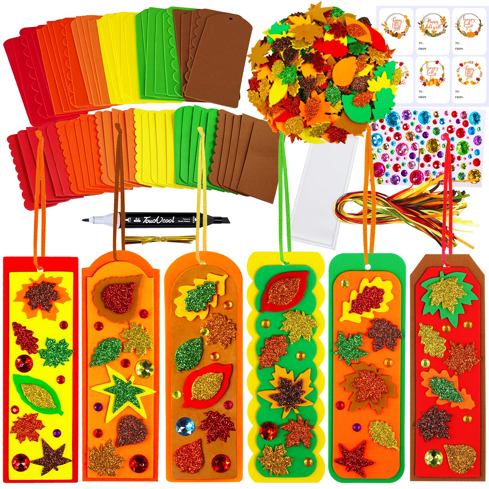 Winlyn 36 Sets Fall Craft Kits Fall Crafts DIY Fall Leaf Bookmarks Decorations Art Sets Autumn Maple Leaf Glitter Leaf Foam Stic