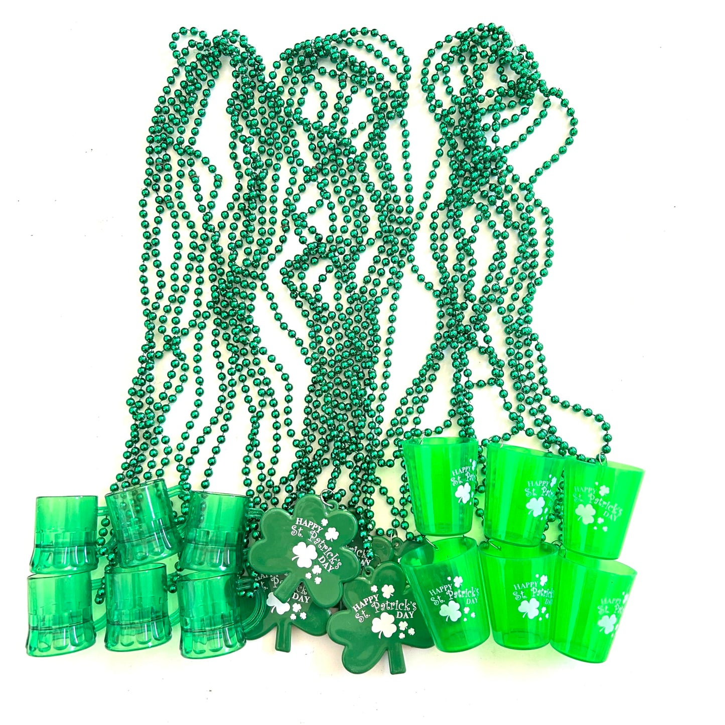 GZYSSL 72 Pcs St. Patrick's Day Bead Necklaces Bulk Green St. Patrick's Shot Glass Bead Necklaces St. Patrick's Clover Beads Dec