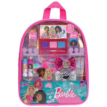 Barbie - Townley Girl Backpack Cosmetic Makeup Gift Bag Set 12 Pcs includes Lip Gloss, Nail Polish & Hair Accessories for Kids T