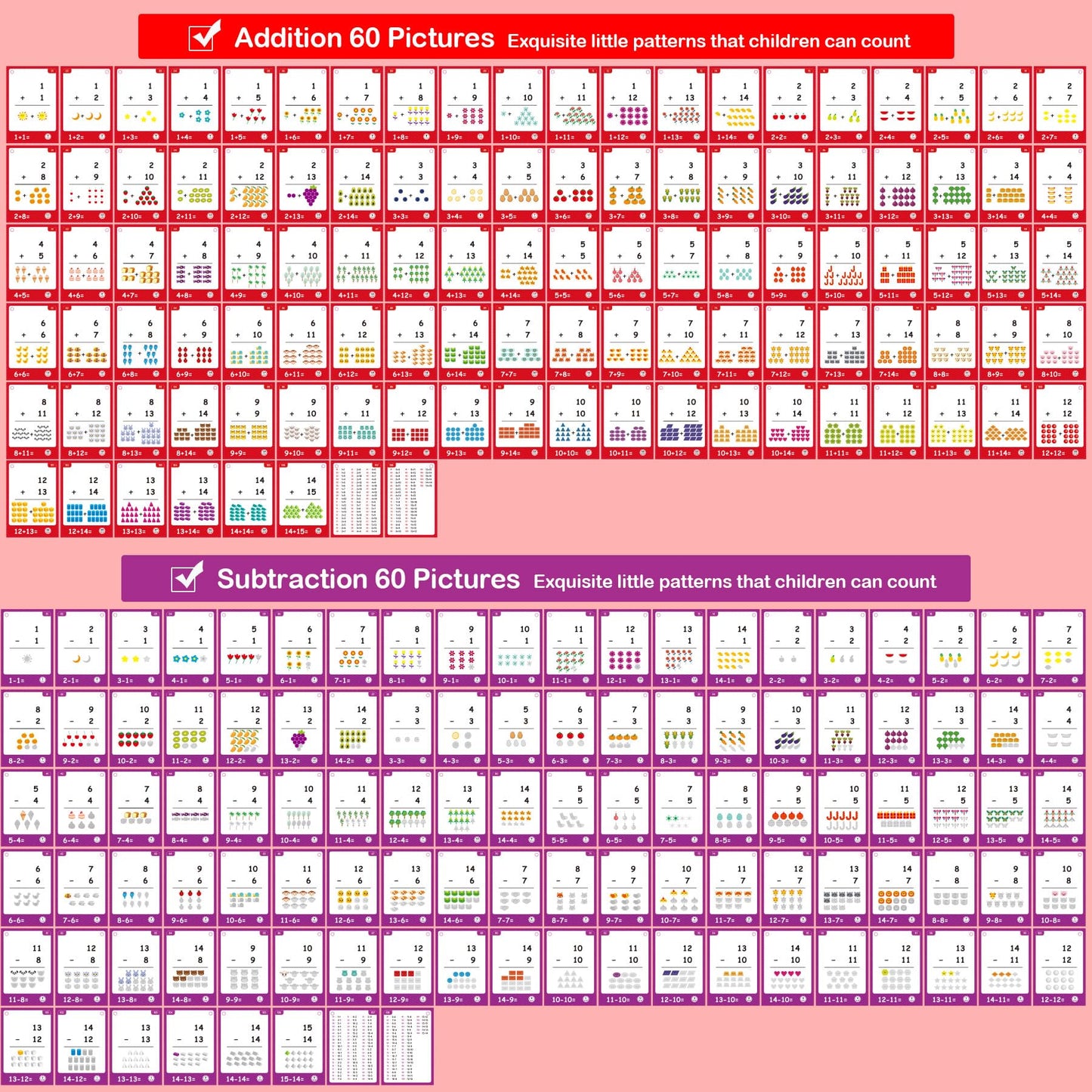 220Cards, 424Pictures Educational Math Flash Cards, Addition Subtraction Multiplication Division Flash Cards, for 7,8,9,10,11Yea