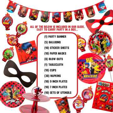 Miraculous Ladybug Party In A Box Kit - Celebration, Birthday Party, Toddlers– 100 Plus Pieces - Cat Noir - Party Supplies - Officially Licensed (Complete Kit)