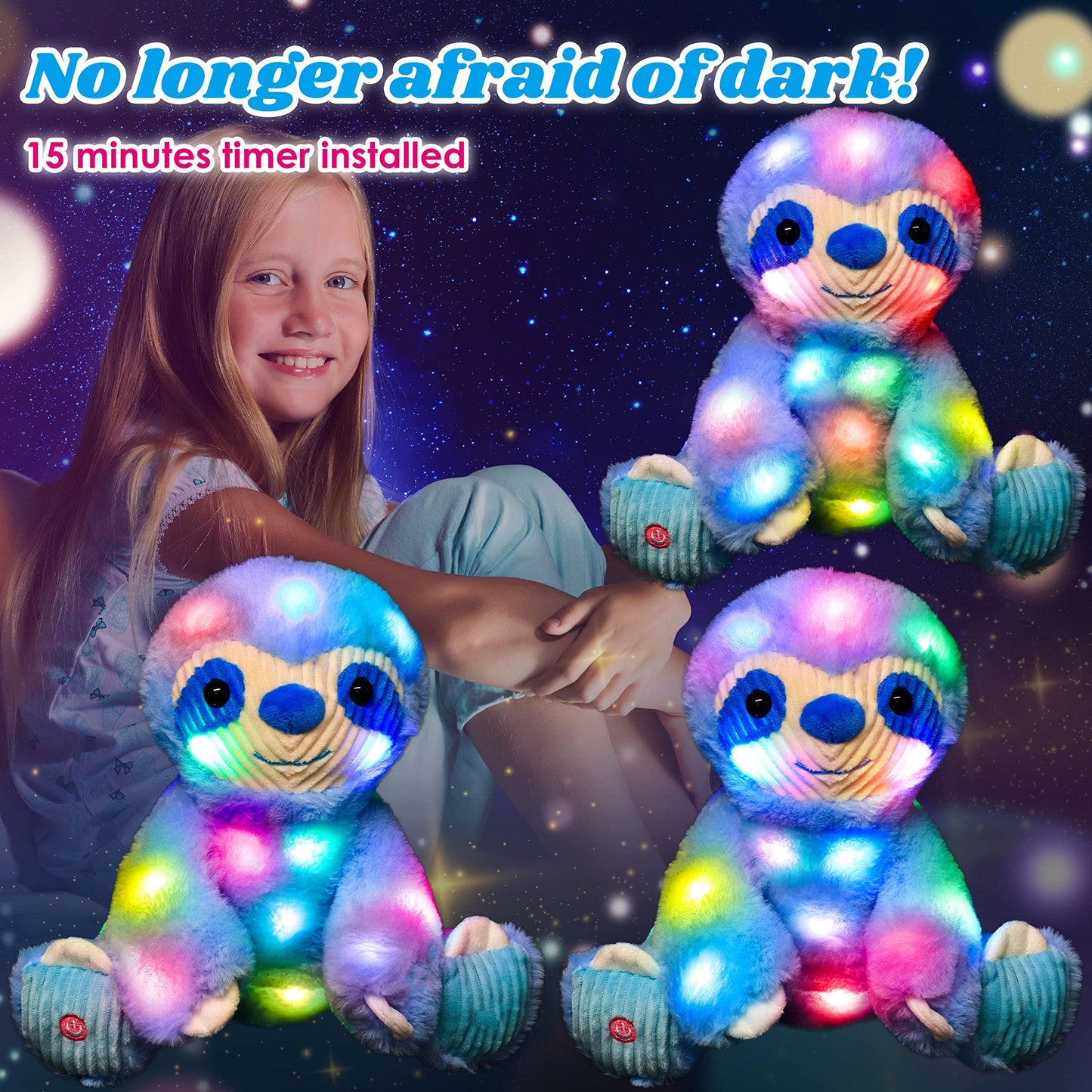 Cuteoy Blue Sloth Led Stuffed Animal Light-Up Plush Birthday Christmas Plushies Toy Gifts For Kids Toddler Girls, 10.5'
