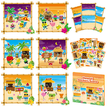 Cy2Side Hawaii Sticker Scene Set - 12 Set Make Your Own Summer Beach Scene Art Craft Diy Tropical Hawaii Craft Kit For Kid Mix Match Flamingo Sticker For Kids Luau Party Game Classroom Supplies