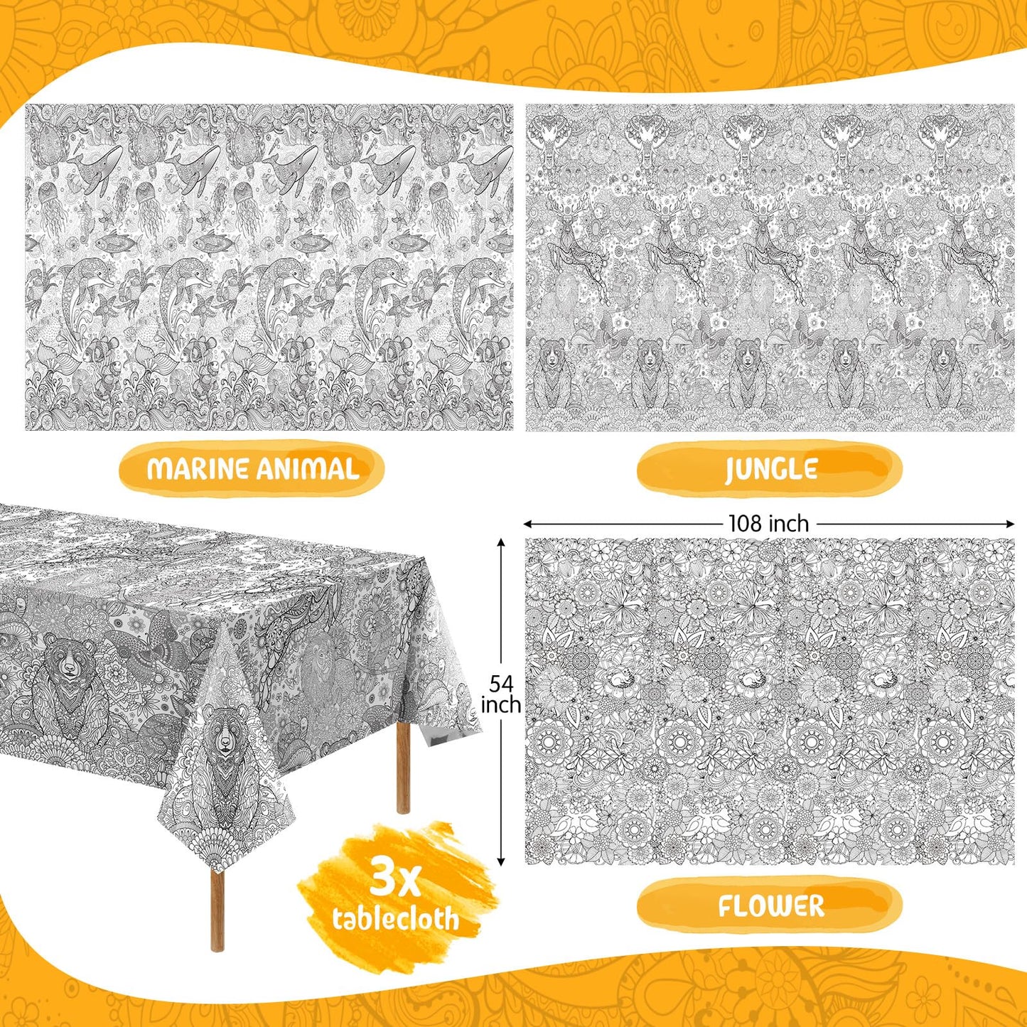 Sayglossy 3 Pcs Mandala Coloring Tablecloth 54 x 108 Inch Ocean Land Animal Drawing Poster End of The Year Gifts for Students Bu