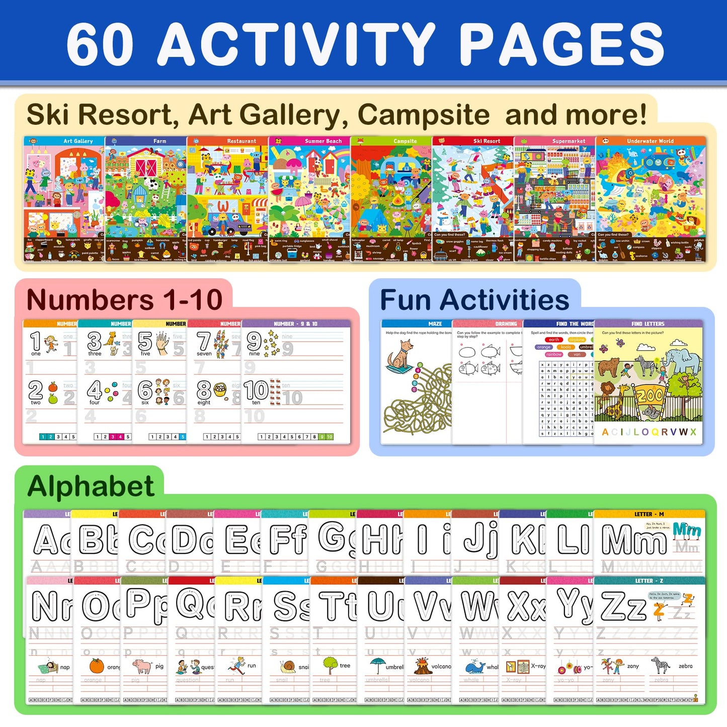 Elite Panda Preschool Learning Activities 60 Reusable Pages, (2-Pack) Kindergarten Workbook & Search And Find For Kids, Art And