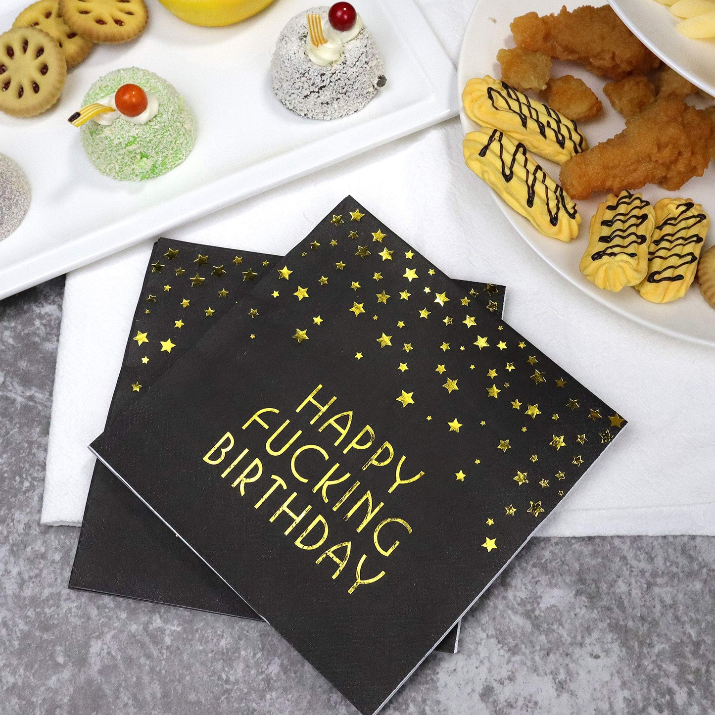 Pandecor 50 Pack 3 Layers Birthday Party Supplies,6.5 X 6.5 In Paper Napkins,Gold Confetti Foil Birthday Party Decorations (Fucking Birthday Napkins)
