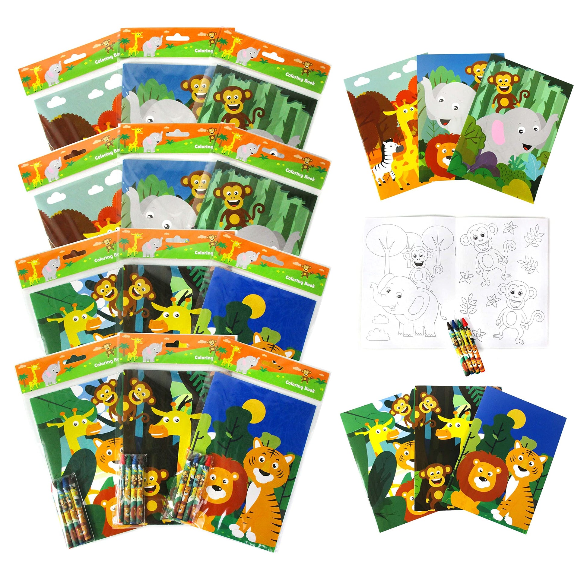 TINYMILLS Safari Zoo Animals Coloring Book for Kids with 12 Coloring Books and 48 Crayons Fun Jungle Book Animals Birthday Party