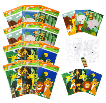 TINYMILLS Safari Zoo Animals Coloring Book for Kids with 12 Coloring Books and 48 Crayons Fun Jungle Book Animals Birthday Party