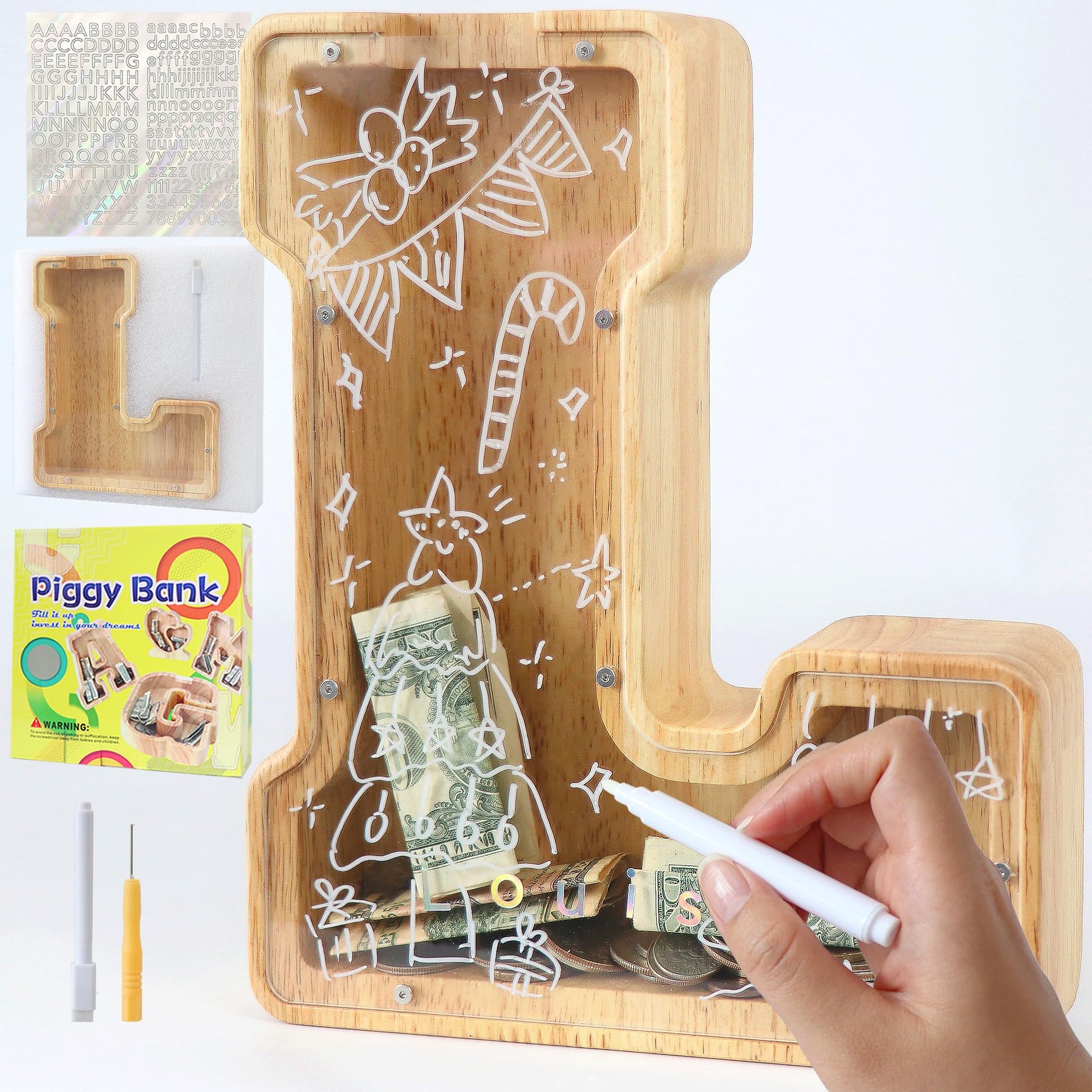 weallbuy Large Letter Piggy Bank for Kids Boys Girls Wooden Personalized Piggy Banks A-Z with Target Area Clear Alphabet Banknote Coin Banks for Gift Decoration Baptism (L)