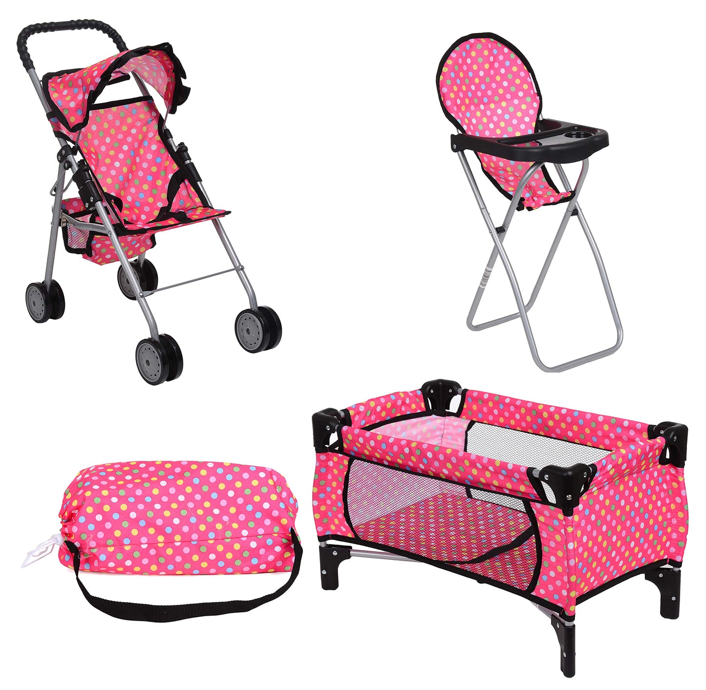 fash n kolor Doll Play Set - 3 in 1 Set with Stroller & High Chair for 18'' Dolls - Polka Dot - Model 4607