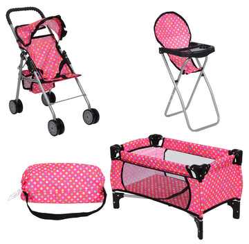 fash n kolor Doll Play Set - 3 in 1 Set with Stroller & High Chair for 18'' Dolls - Polka Dot - Model 4607