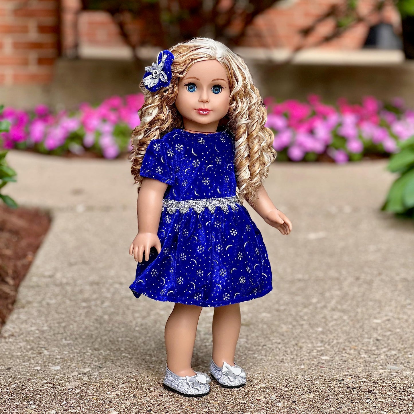 18 Inch Doll Clothes - Midnight Blue - 3 Piece Outfit - Dark Blue Sparkling Holiday Dress With Matching Silver Shoes And Headpiece - Clothes Fits American 18 Inch Doll (Doll Not Included)