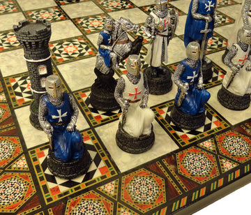 HPL Medieval Times Crusades Chess Set - Blue & White Maltese Cross, 16.5" Mosaic Board, Resin & MDF Wood, Anti-Stress Toy