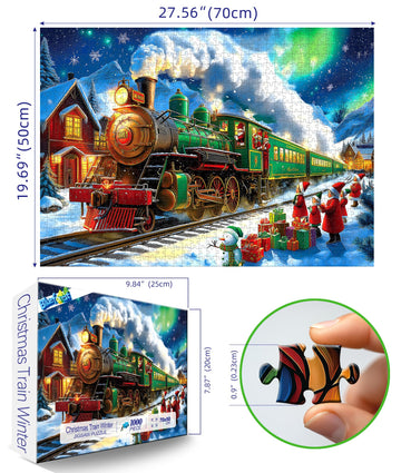 Blueforest Christmas 1000 Piece Jigsaw Puzzle for mature-themeds - 27.5x19.7 Inches Holiday Train Scene with Aurora & Santa  Challenging Fun mature-themed Puzzles  Home Decor