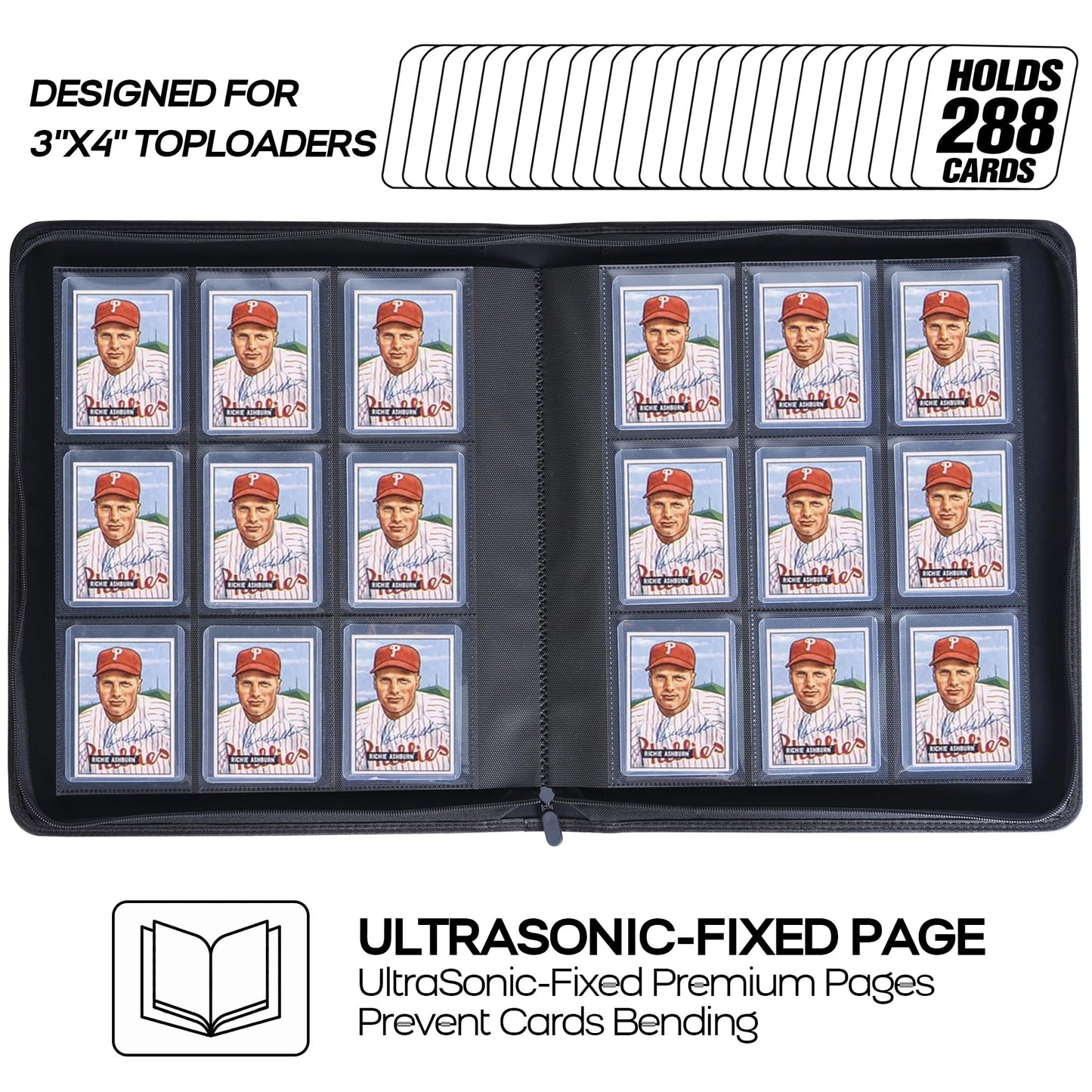 D DACCKIT Toploader Binder  Holds 288 Toploaders - 9-Pocket Top Loader Binder for 3 x 4 Rigid Card Holders for Trading Cards or Sports Cards(Model B Classic Black )