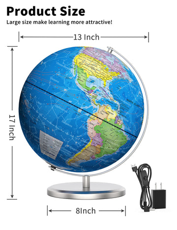 Waldauge Illuminated World Globe With Stand, 13'' Earth Globes With Stable Heavy Metal Base For Kids Classroom Learning, Led Con