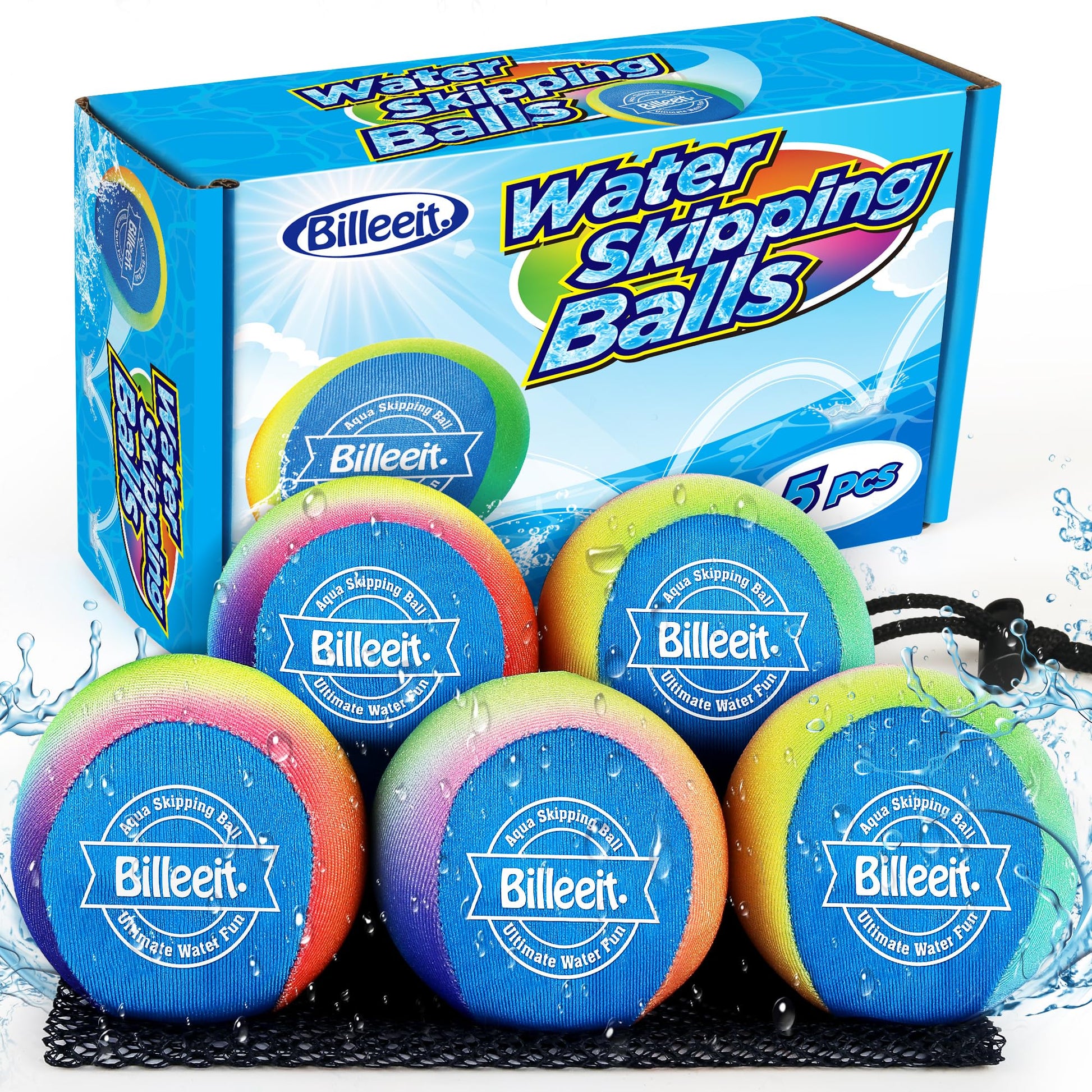 Billeeit 5Pcs Water Skipping Balls for Pool Play, Rainbow Color Splash Water Bouncing Balls with Portable Mesh Bag, Fun Beach To