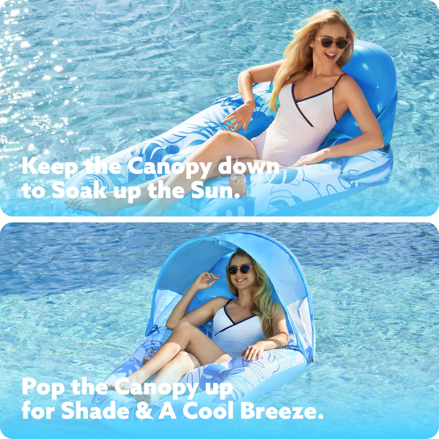 SLOOSH Inflatable Pool Floats Lounger mature-themed  Pool Lounge with Canopy Raft Floaties Water Floating Recliner Chair with Cup Holders Foot Rest Swimming Floaty