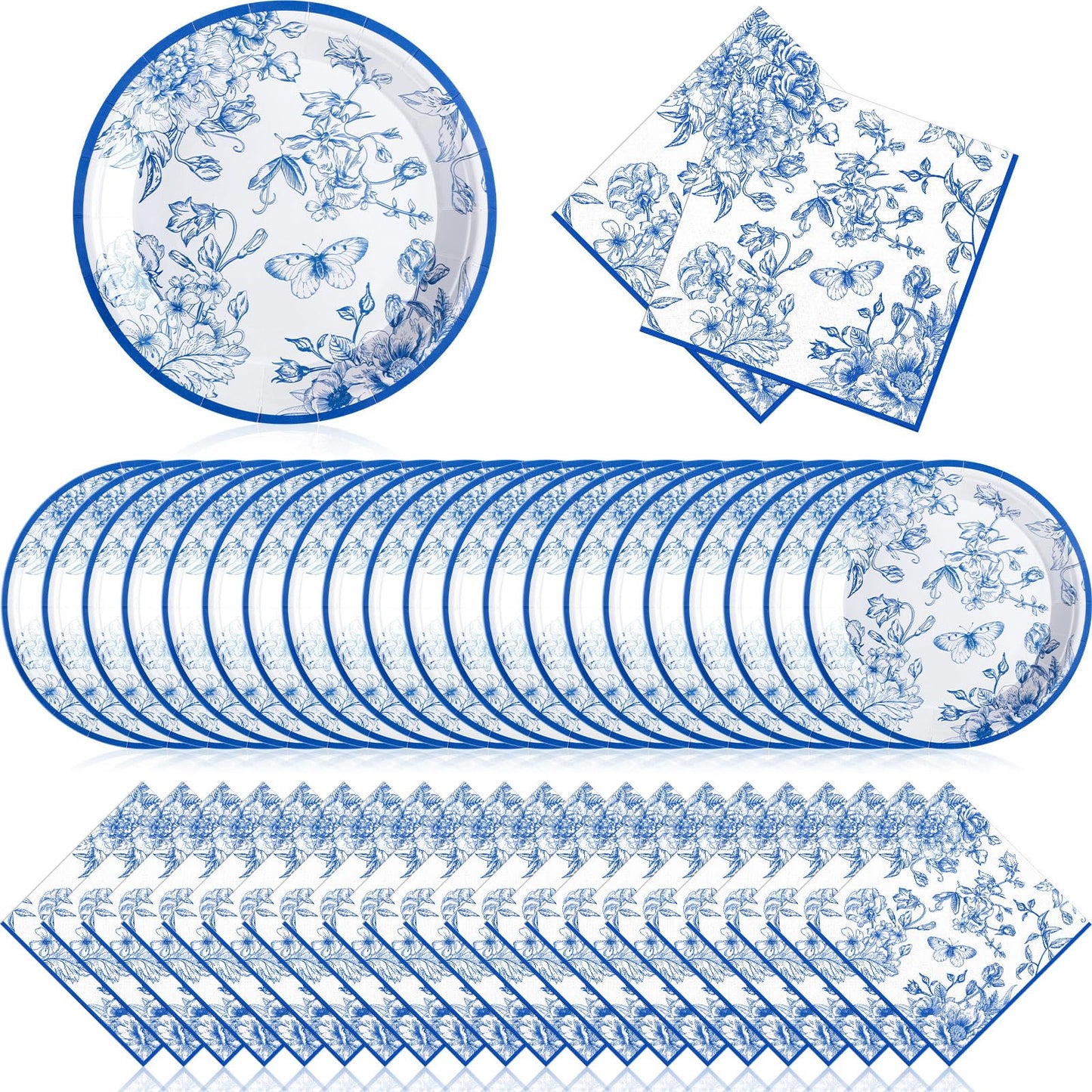 Zhehao 120 Pcs Disposable Paper Plates and Napkins Bulk Birthday Party Decorations Wedding Party Supplies(Blue,Blue Flowers)