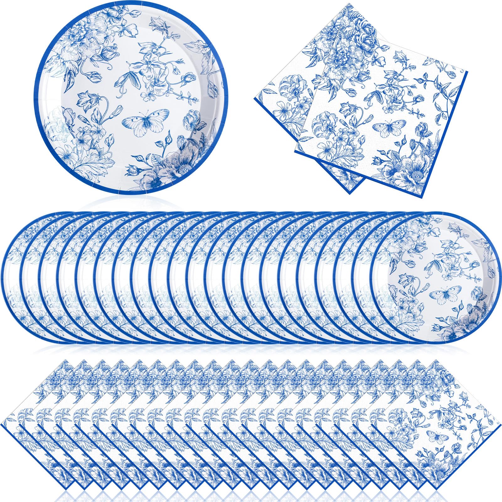 Zhehao 120 Pcs Disposable Paper Plates and Napkins Bulk Birthday Party Decorations Wedding Party Supplies(Blue,Blue Flowers)
