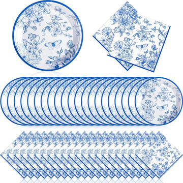Zhehao 120 Pcs Disposable Paper Plates and Napkins Bulk Birthday Party Decorations Wedding Party Supplies(Blue,Blue Flowers)